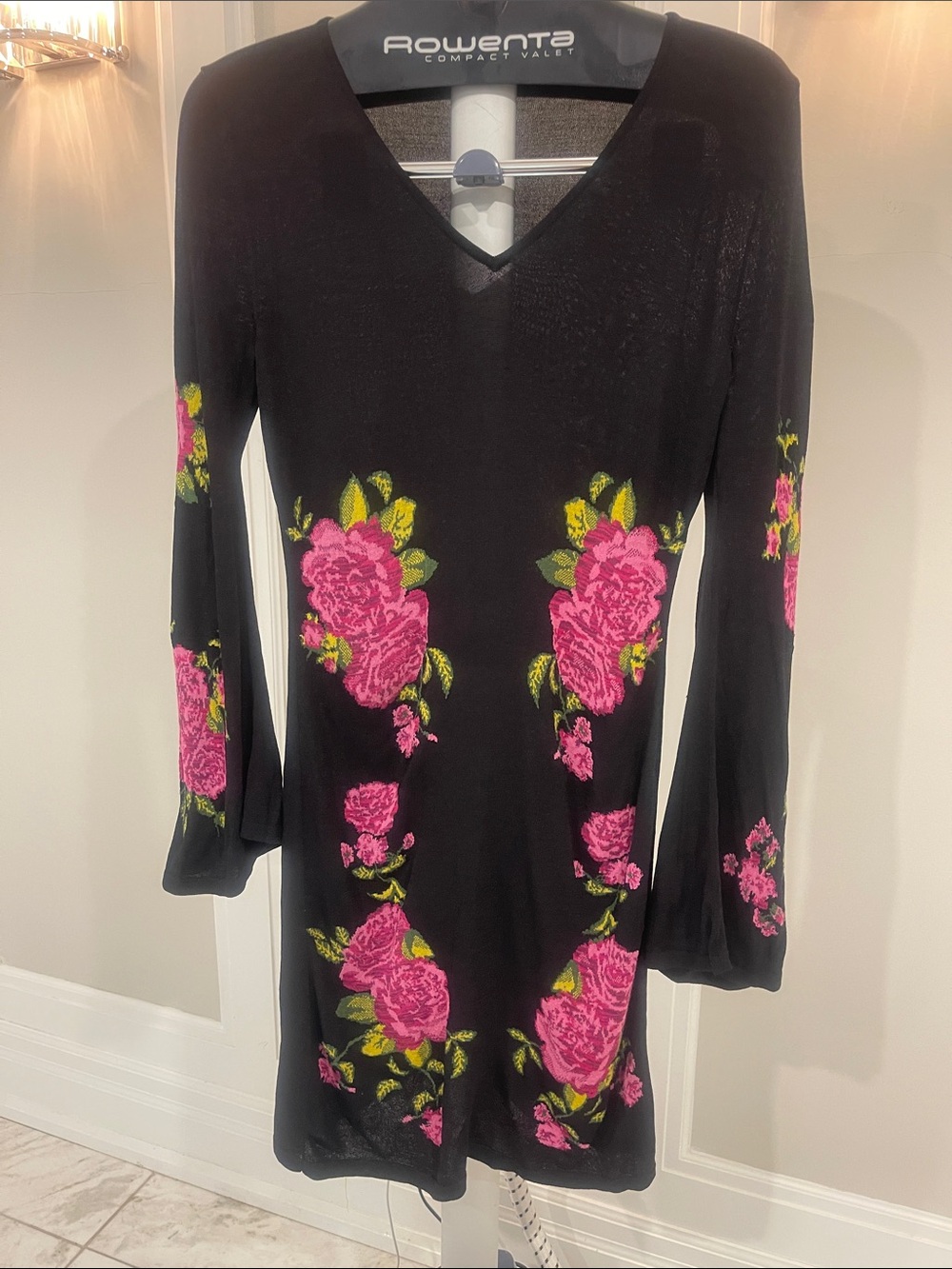 INC International Concepts Black Mini Dress with Pink Floral Embroidery